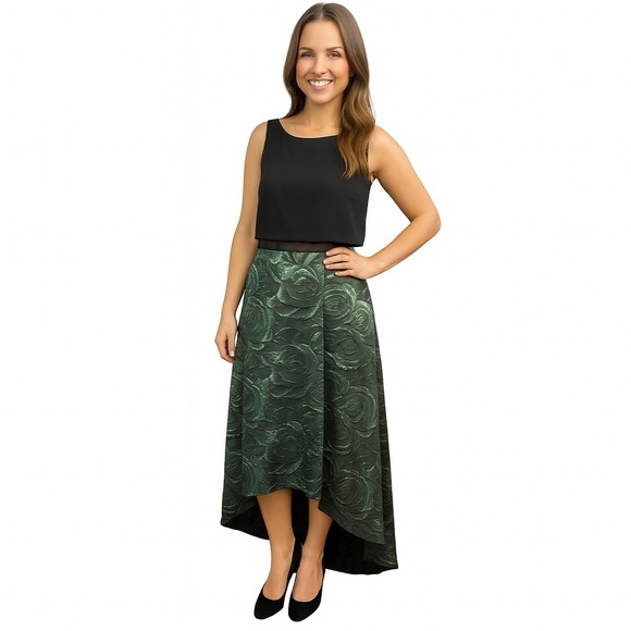 Betsy And Adam Dress 10 Black Green Sleeveless‎ ALine Mesh Floral Elegant Gown